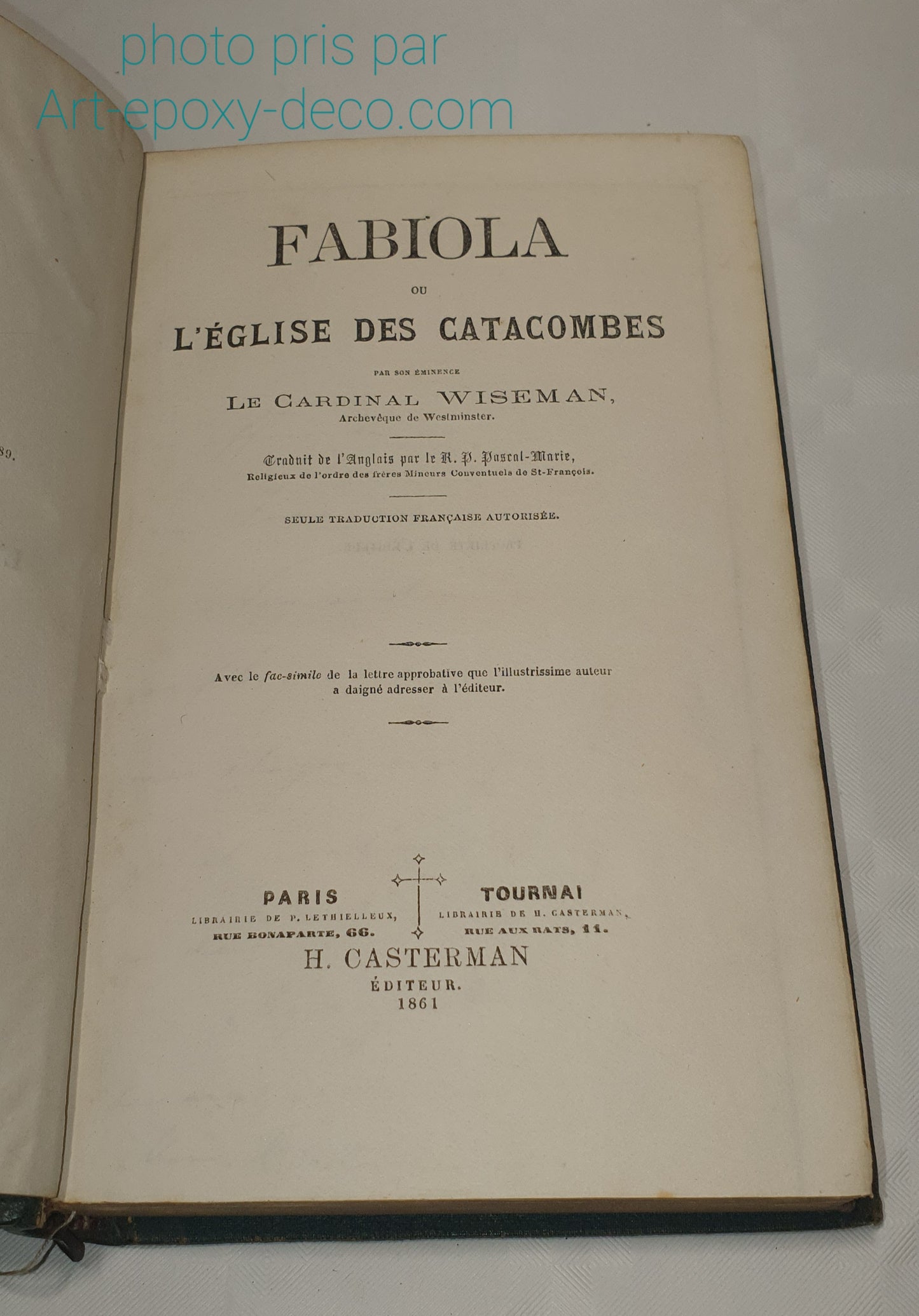 FABIOLA OU L'EGLISE DES CATACOMBES reliure + lettre, 1861