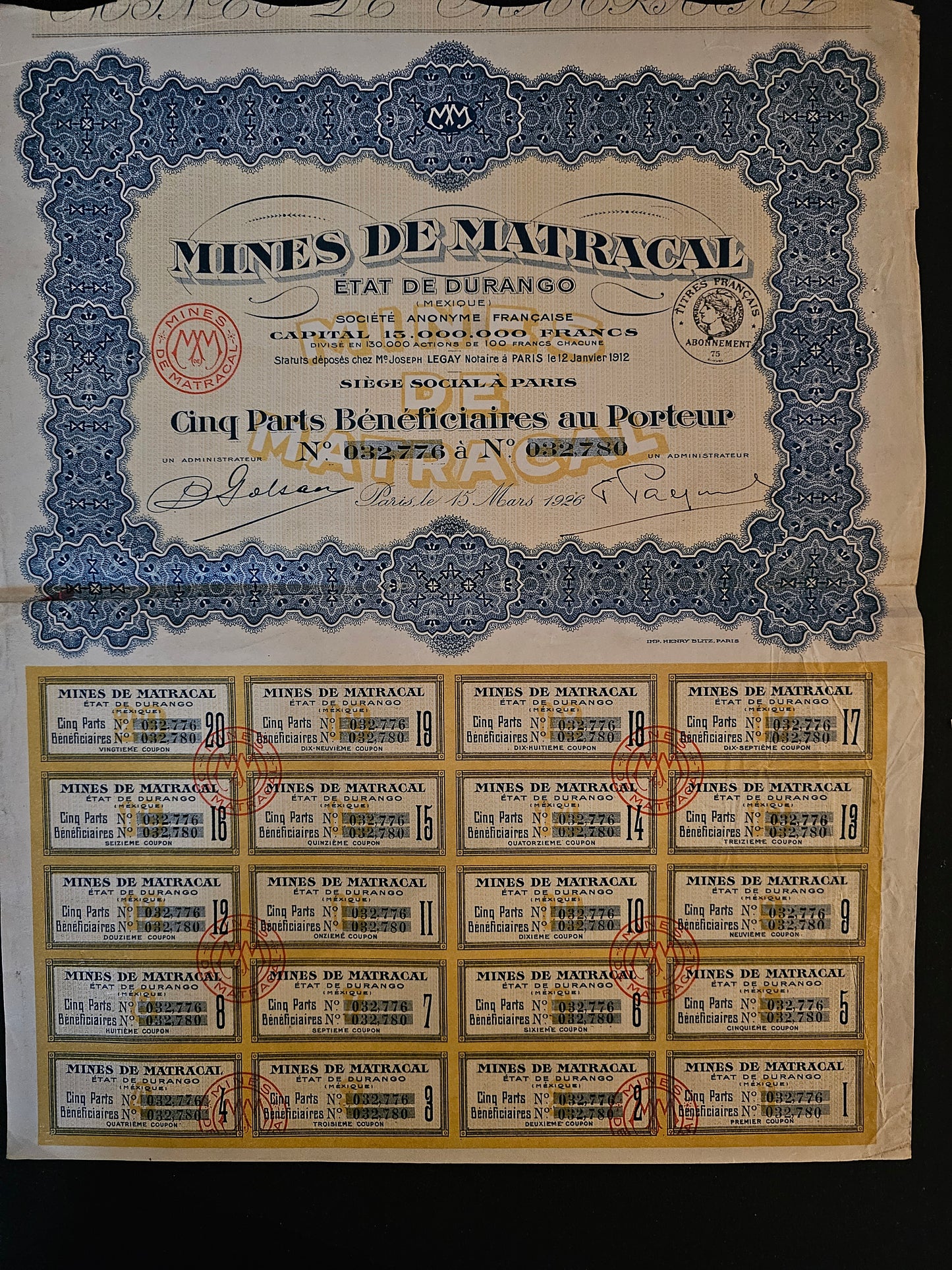 Mines de Matracal, Etat de Durango. 1926