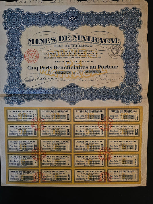 Mines de Matracal, Etat de Durango. 1926