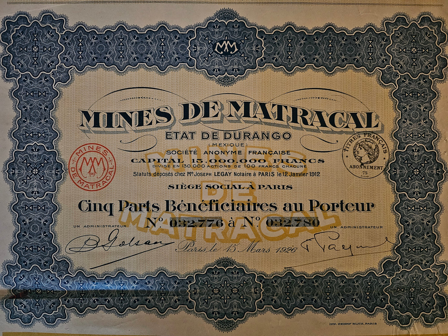 Mines de Matracal, Etat de Durango. 1926