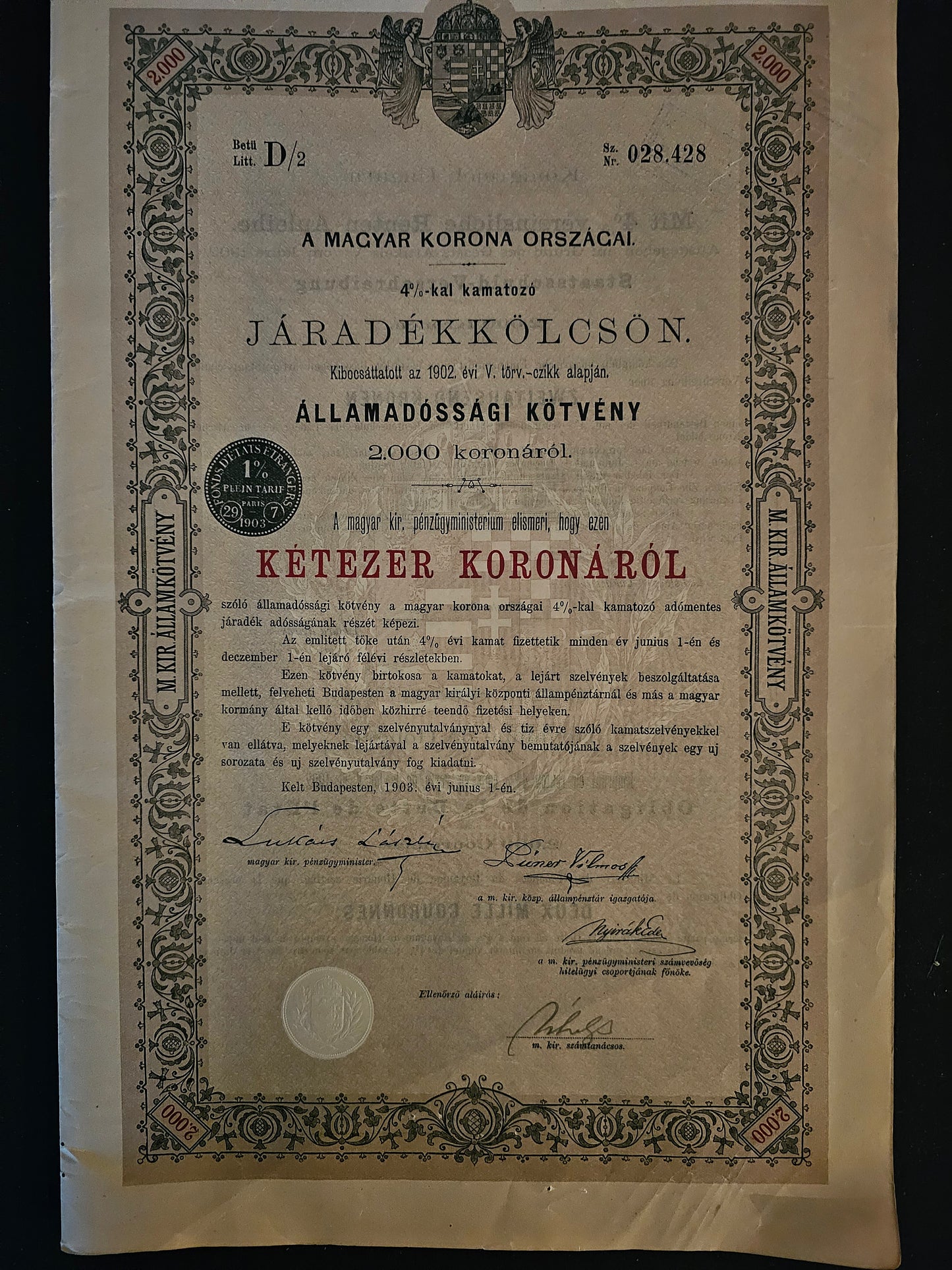 Royaume de Hongrie - Emprunt Dette Consolidée 4% 1902 (2.000 Kr)