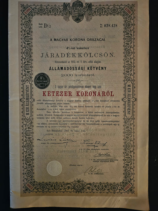 Royaume de Hongrie - Emprunt Dette Consolidée 4% 1902 (2.000 Kr)