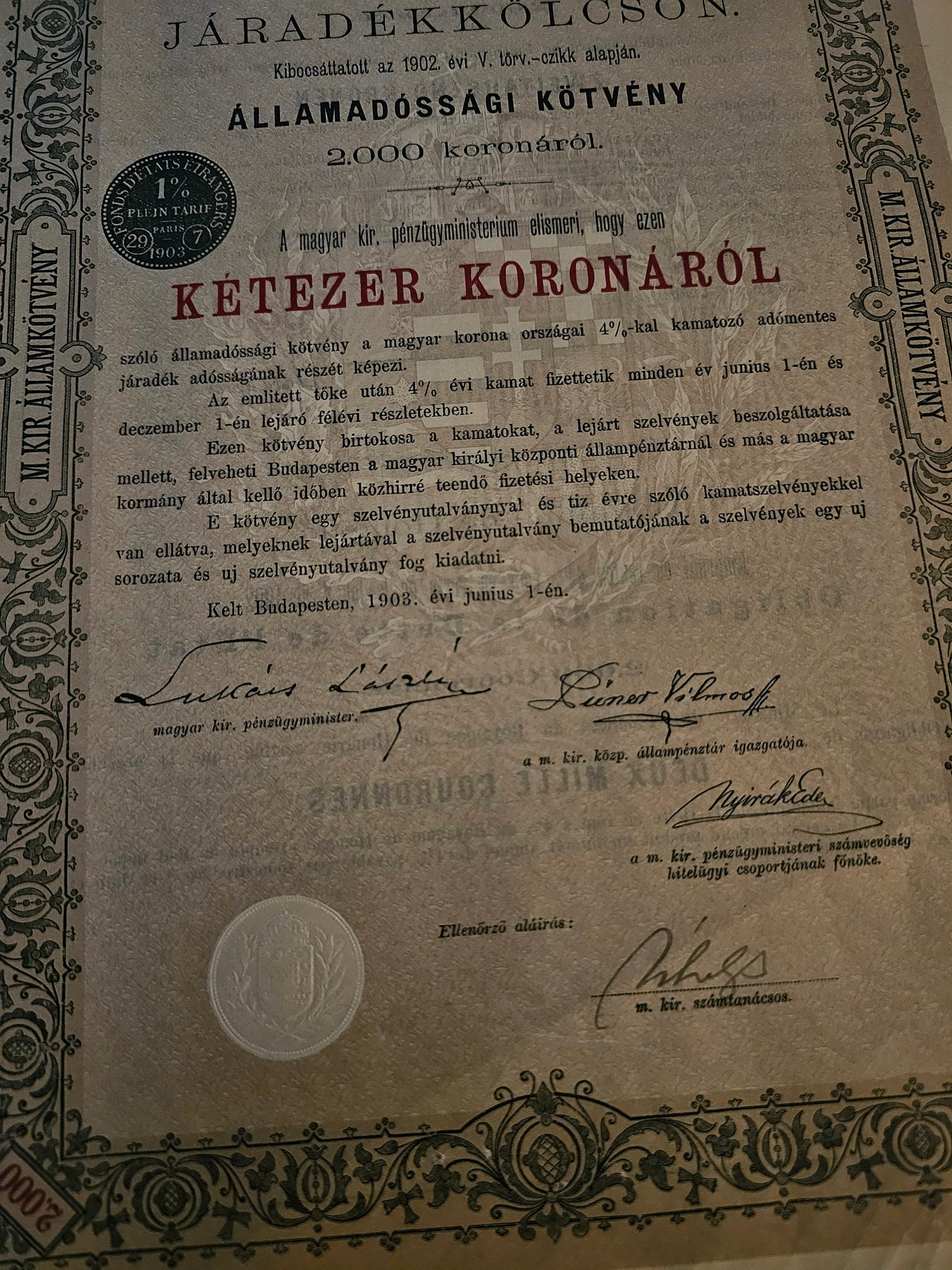 Royaume de Hongrie - Emprunt Dette Consolidée 4% 1902 (2.000 Kr)