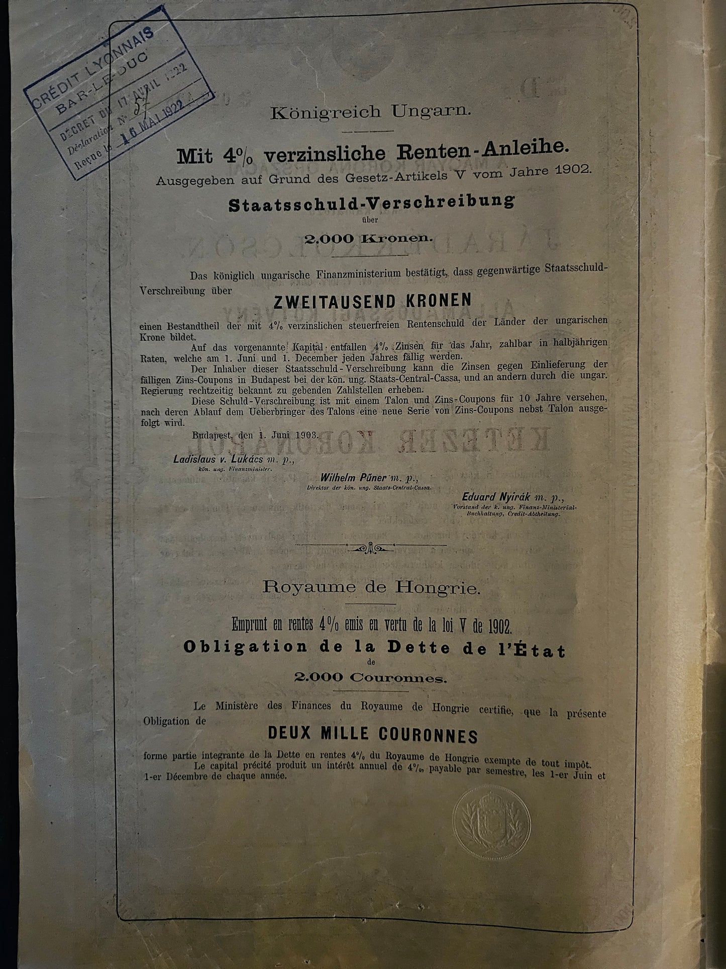 Royaume de Hongrie - Emprunt Dette Consolidée 4% 1902 (2.000 Kr)