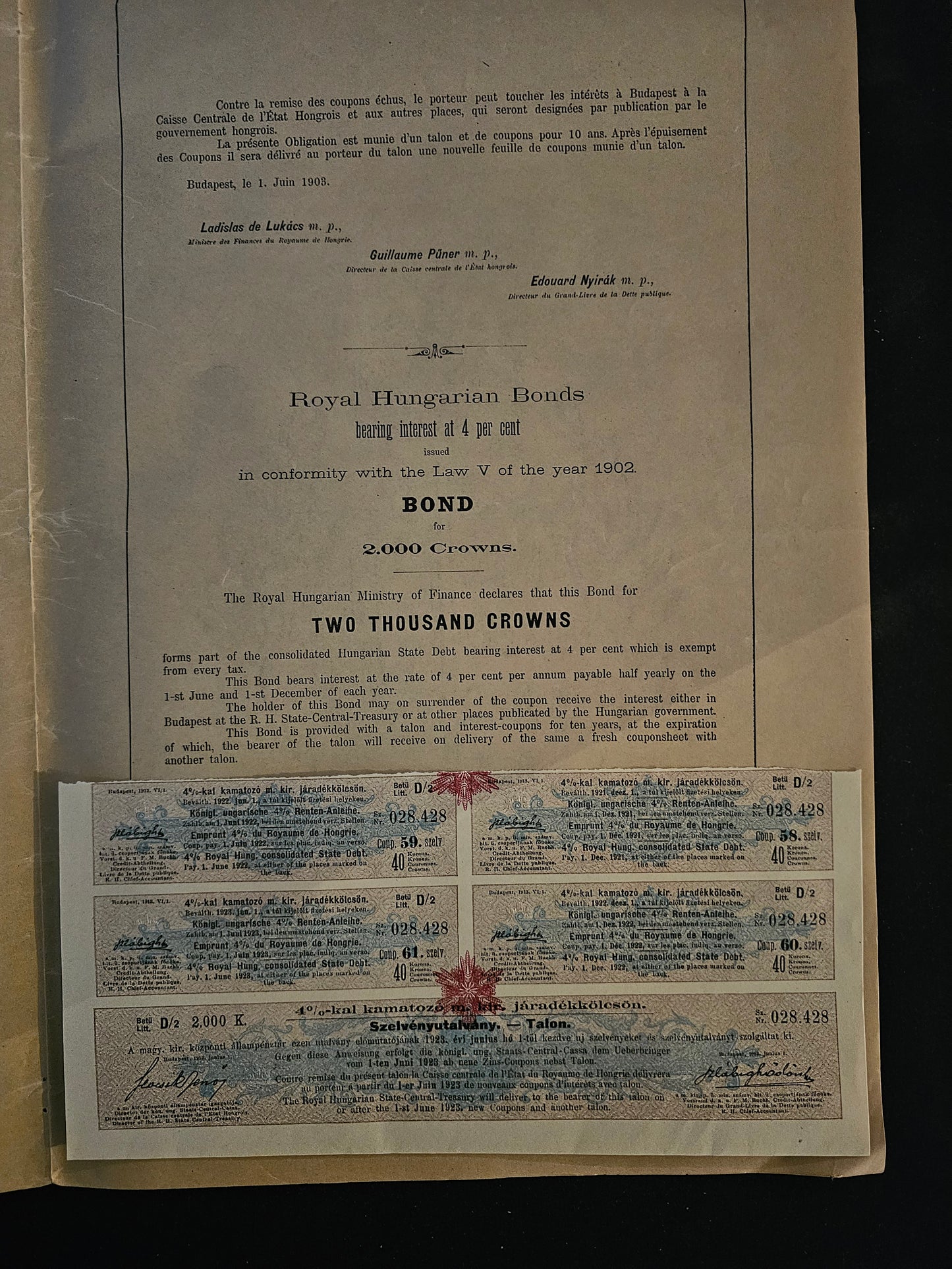 Royaume de Hongrie - Emprunt Dette Consolidée 4% 1902 (2.000 Kr)