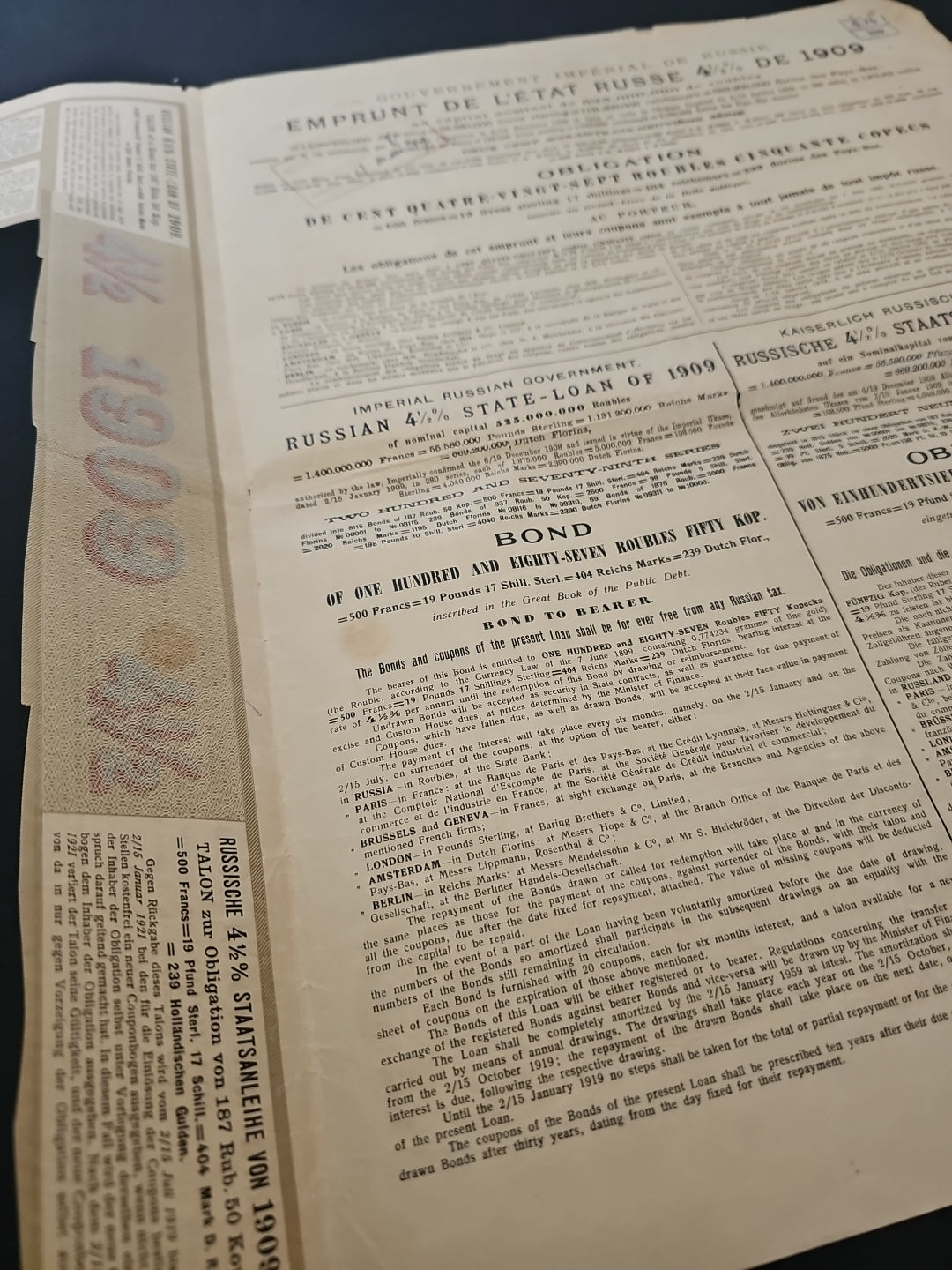 Gouvernement Impérial de Russie - Emprunt de l'Etat Russe 4,5% de 1909 - 187,50