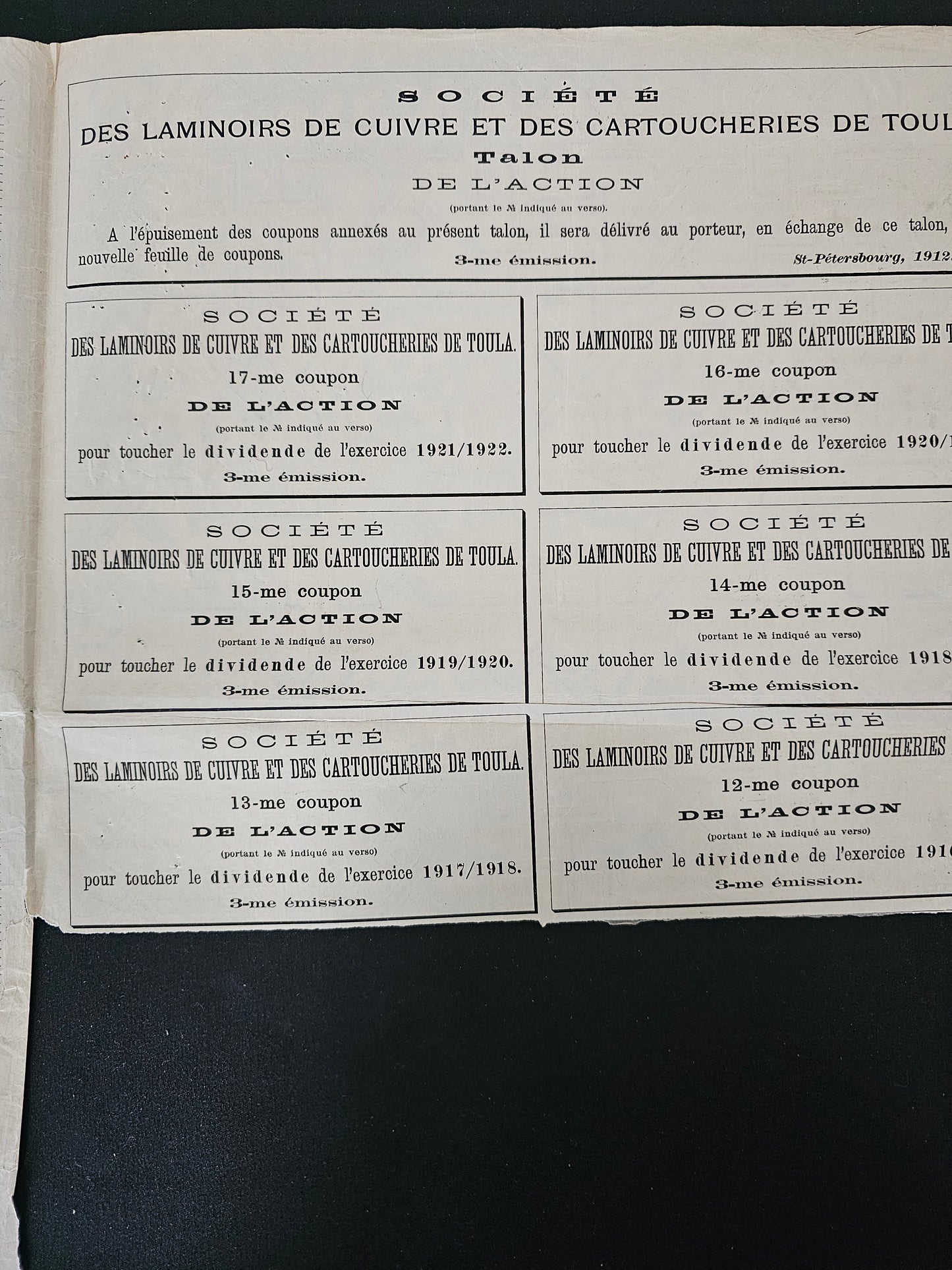 Société des usines de laminage et de cartouches de cuivre de Tula, part de 187 roubles 50 kopecks par porteur, numéro 3, Saint-Pétersbourg, 1912.